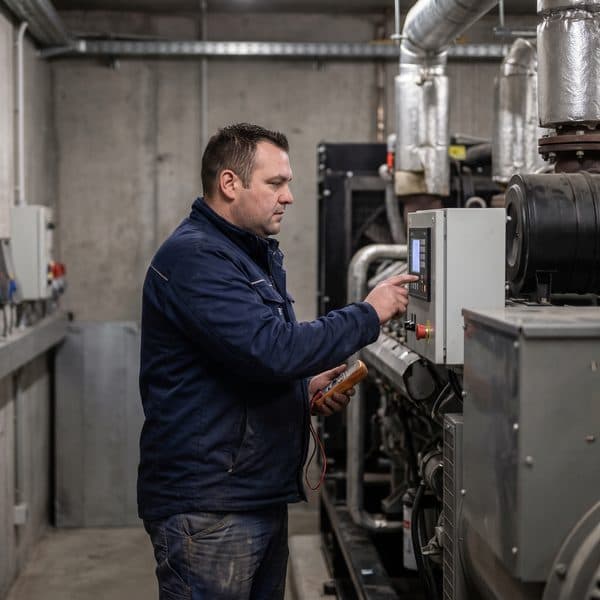 Servicetechniker prüft die Steuerung eines Notstromaggregats