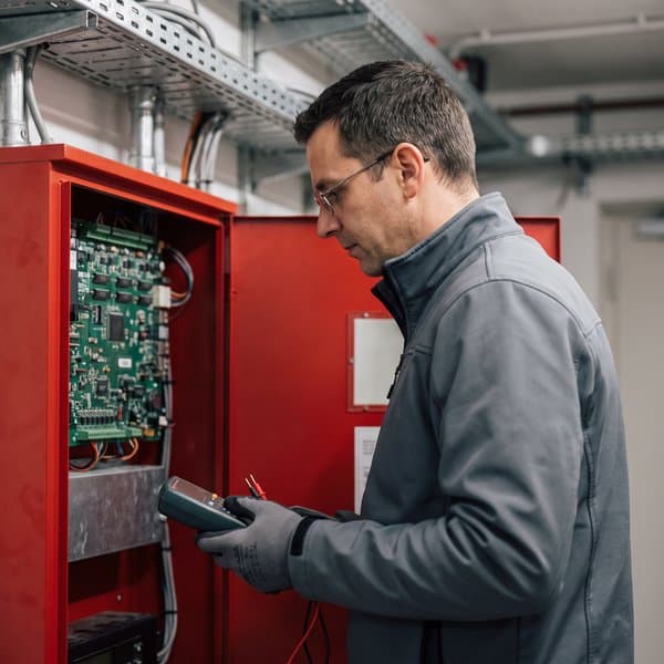 Techniker prüft eine Brandmeldezentrale im Technikraum