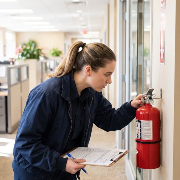 Technikerin prüft einen Feuerlöscher im Bürogang