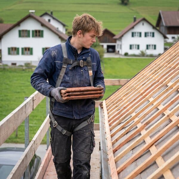 Lehrling trägt Dachziegel über das Gerüst
