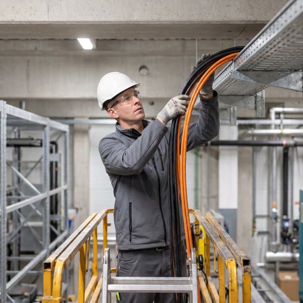 Elektriker verlegt Kabel auf einer Kabeltrasse in einer Halle