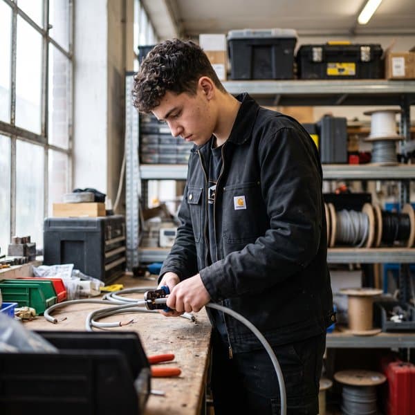 Lehrling isoliert ein Kabel in der Werkstatt ab