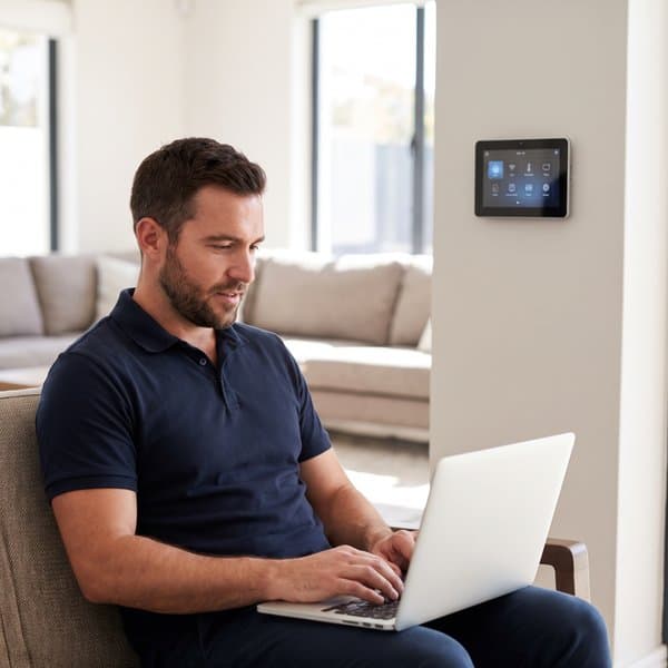 Smart-Home-Programmierer richtet eine Hausautomation am Laptop ein