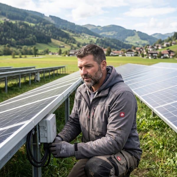 Elektriker prüft die Verkabelung in einer Freiflächen-PV-Anlage