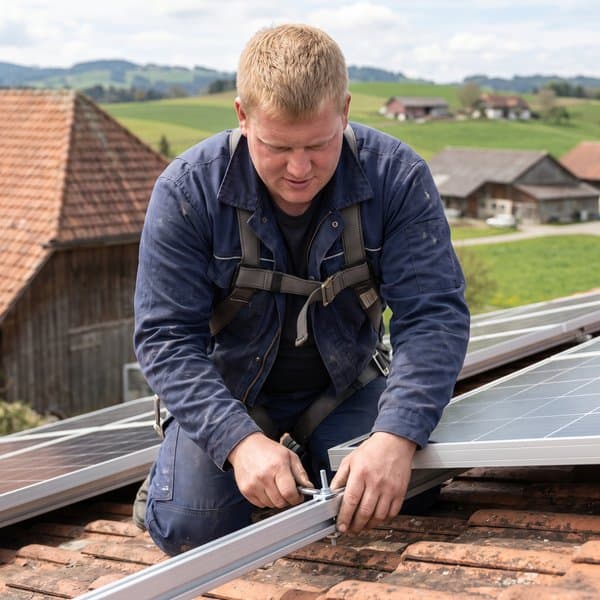 PV-Monteur befestigt ein Solarmodul auf dem Dach eines Einfamilienhauses