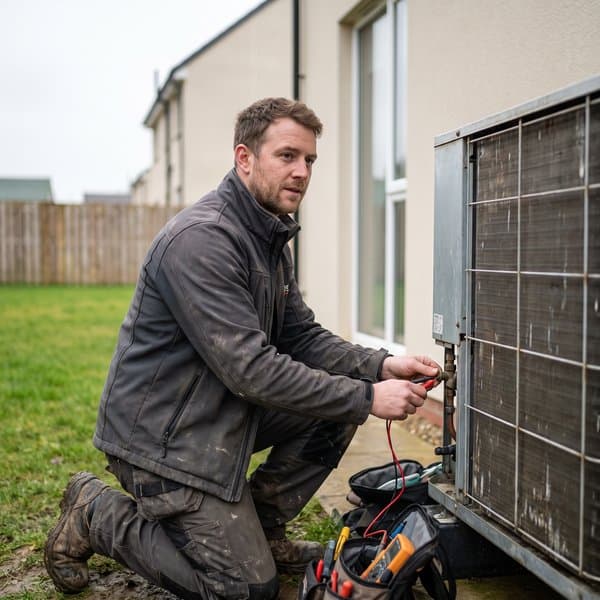 Techniker prüft eine Wärmepumpe am Einfamilienhaus