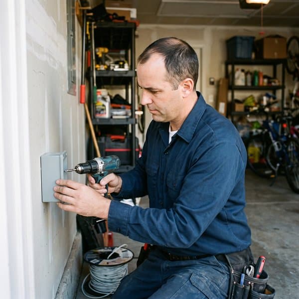 Elektriker montiert eine Wallbox in der Garage