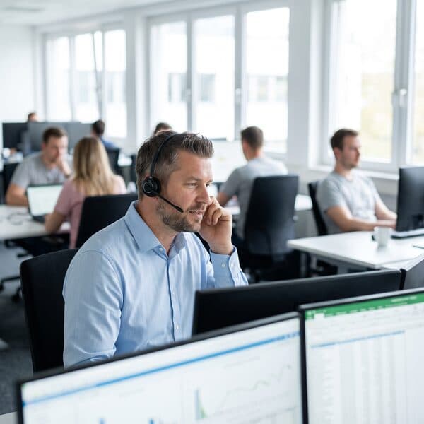 Mitarbeiter im Verkaufsinnendienst telefoniert mit Headset am Arbeitsplatz