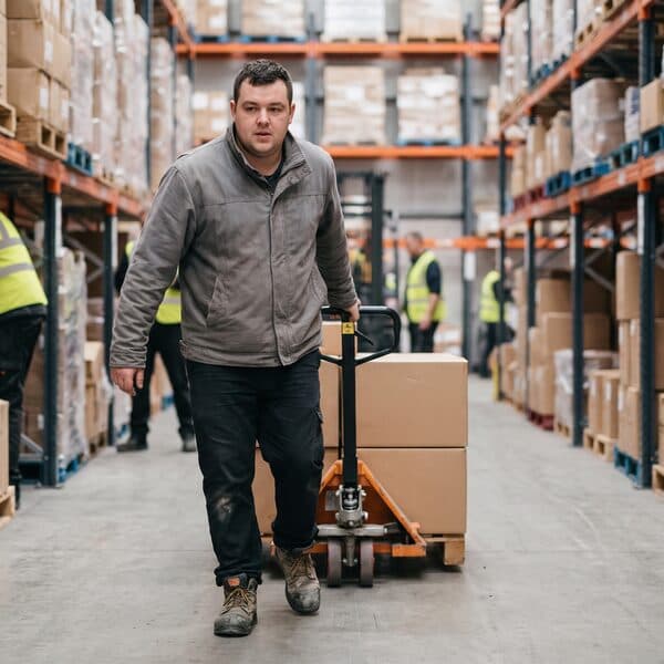 Lagerlogistiker zieht einen Hubwagen mit Kartons durch das Lager