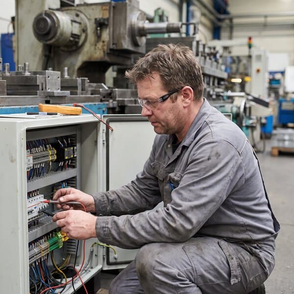 Instandhalter misst mit dem Multimeter im Schaltschrank einer Fertigungslinie