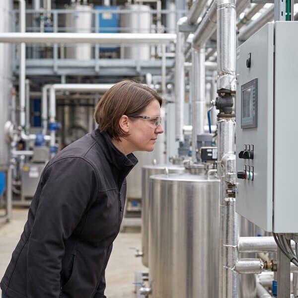Prozesstechnikerin liest die Anzeige einer Anlagensteuerung neben Edelstahltanks ab