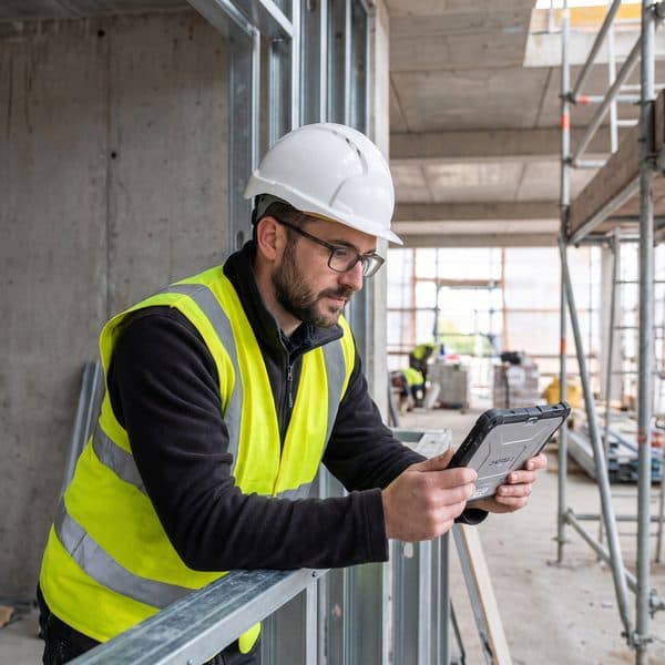 Bauleiter prüft im Rohbau Details auf dem Tablet