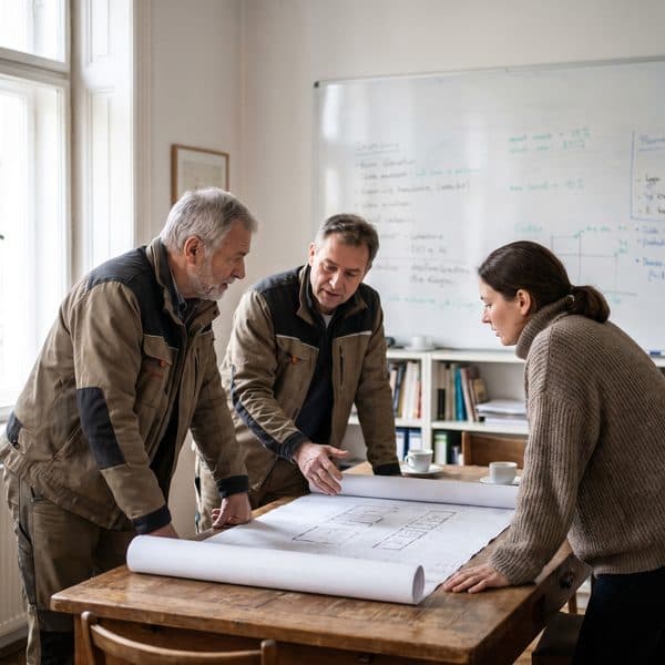 Drei Planer besprechen ausgedruckte Pläne am Besprechungstisch