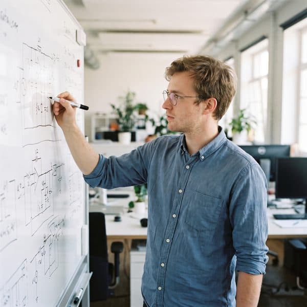 Junger Ingenieur skizziert ein Schema am Whiteboard