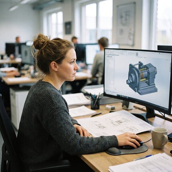 Konstrukteurin arbeitet am Bildschirm an einem 3D-Modell einer Maschine