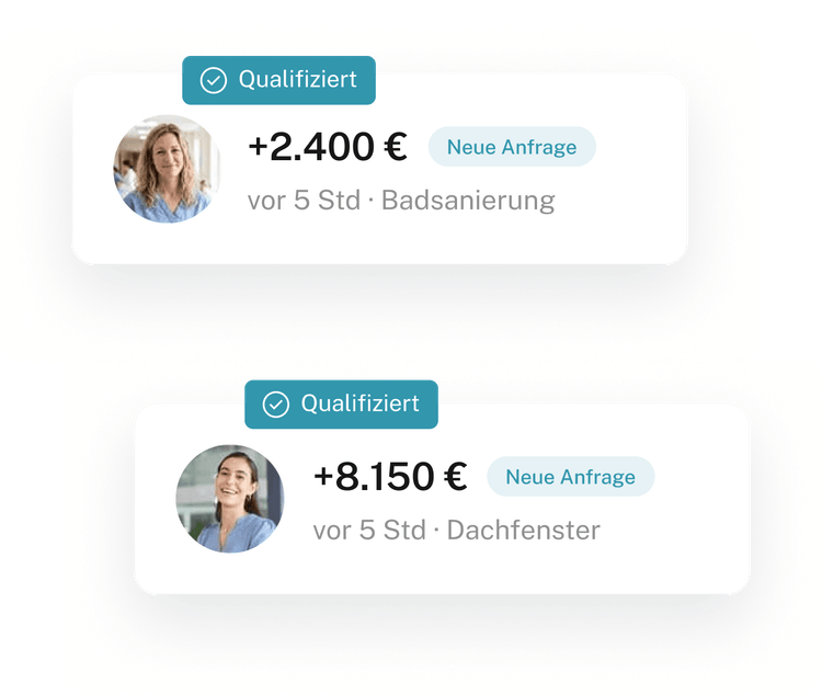 Zwei neue Kundenanfragen mit Auftragswert, beide als qualifiziert markiert