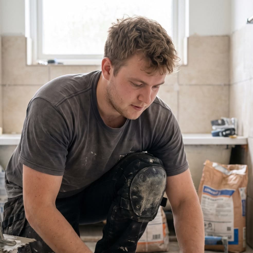 Fliesenleger beim Verlegen in einem Badezimmer