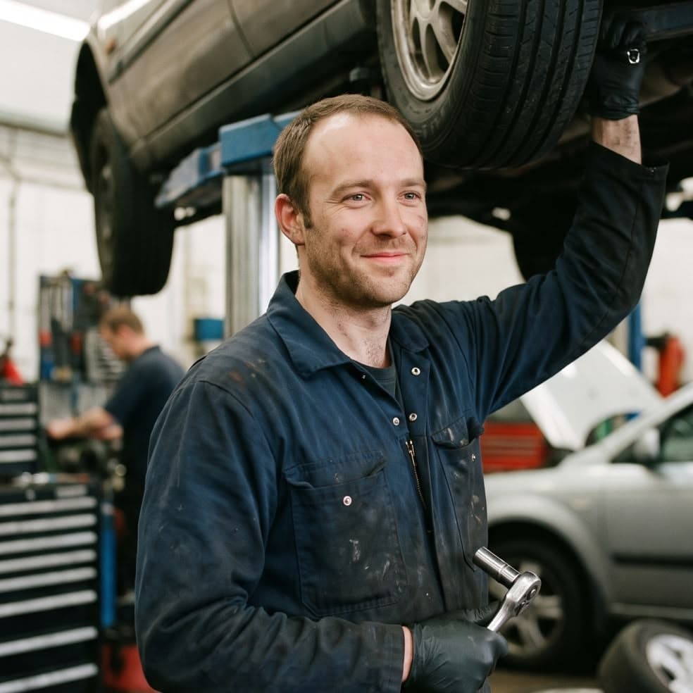 Kfz-Mechaniker unter einer Hebebühne in der Werkstatt