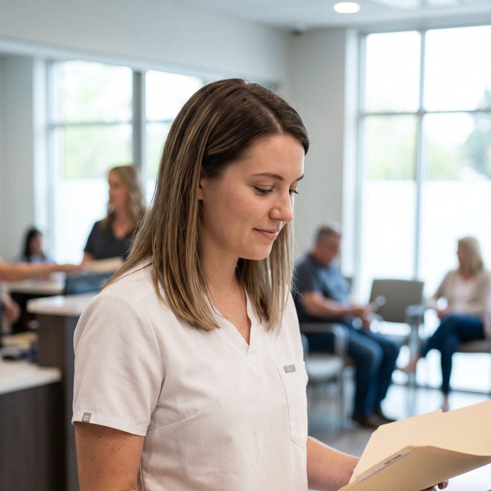 Ordinationsassistentin mit Patientenakte in der Praxis