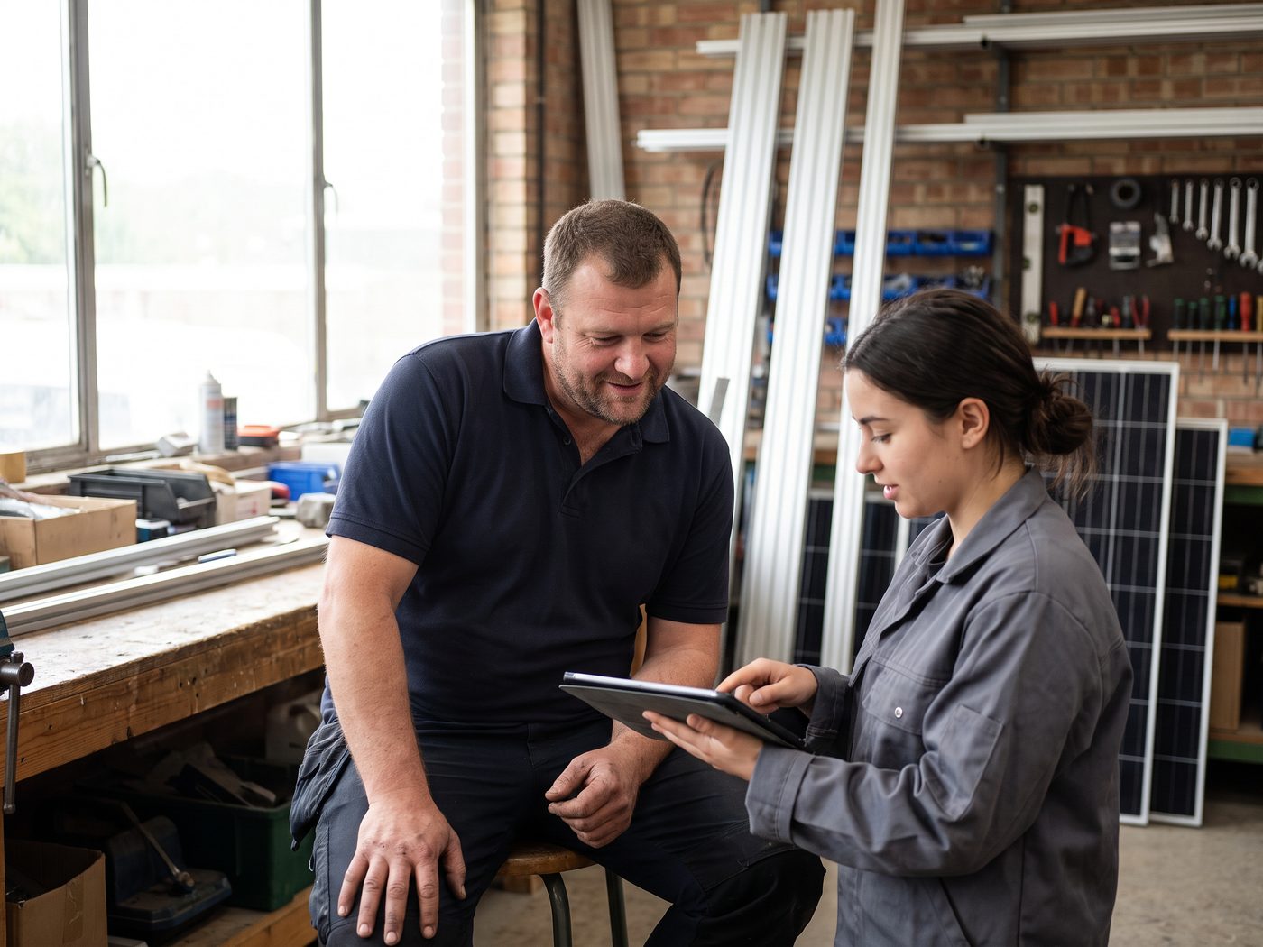 Inhaber eines Photovoltaik-Betriebs und eine Technikerin schauen in der Werkstatt gemeinsam auf ein Tablet