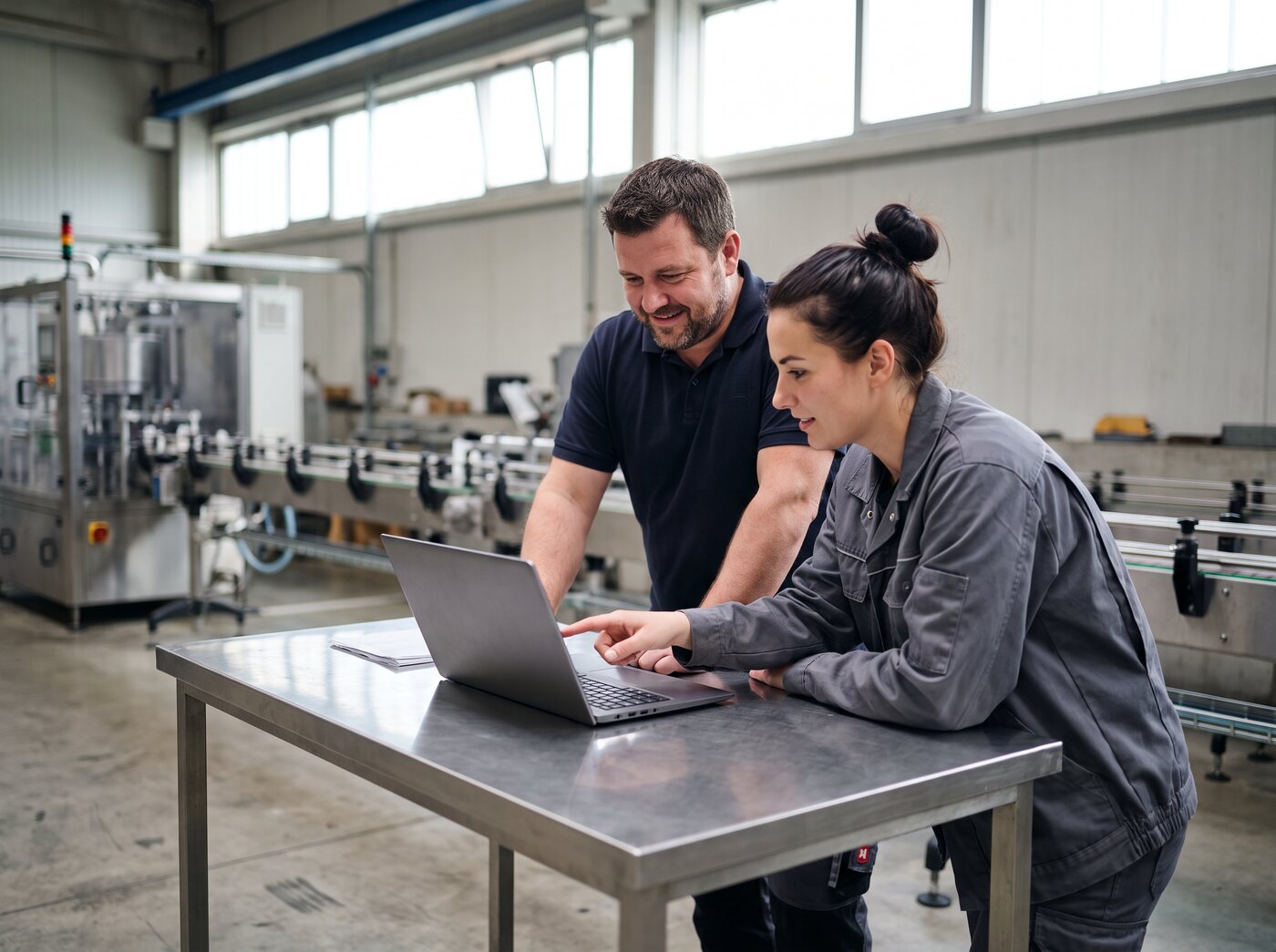Inhaber eines Produktionsbetriebs und eine Schichtleiterin schauen in der Fertigungshalle gemeinsam auf einen Laptop