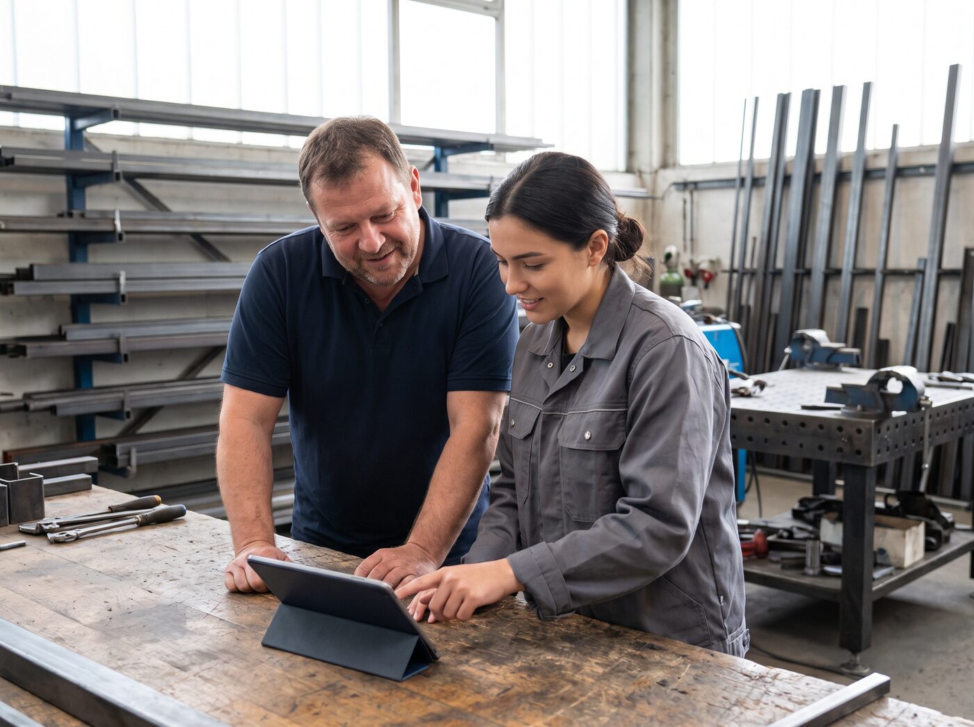 Inhaber einer Schlosserei und eine Metallbauerin schauen in der Werkstatt gemeinsam auf ein Tablet